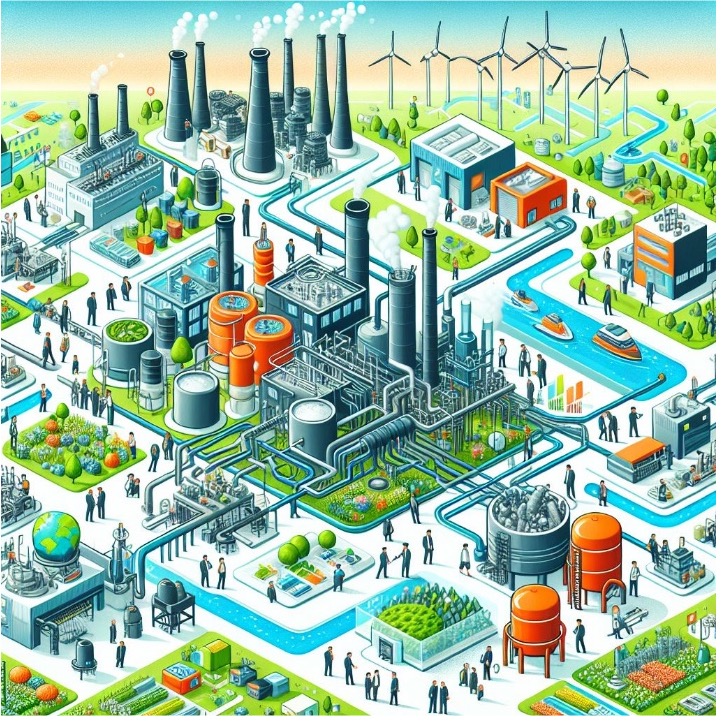 Illustrasjon av en bærekraftig industriell økosystemmodell med fabrikker, vindmøller, vannveier, grønne områder og mennesker i aktivitet, som viser samspillet mellom teknologi, energi og natur.
