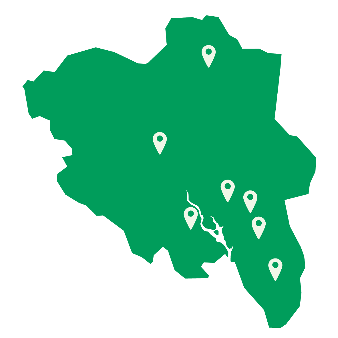 Grønt kart over Innlandet med syv lyse plassmarkører som viser industri-huber.