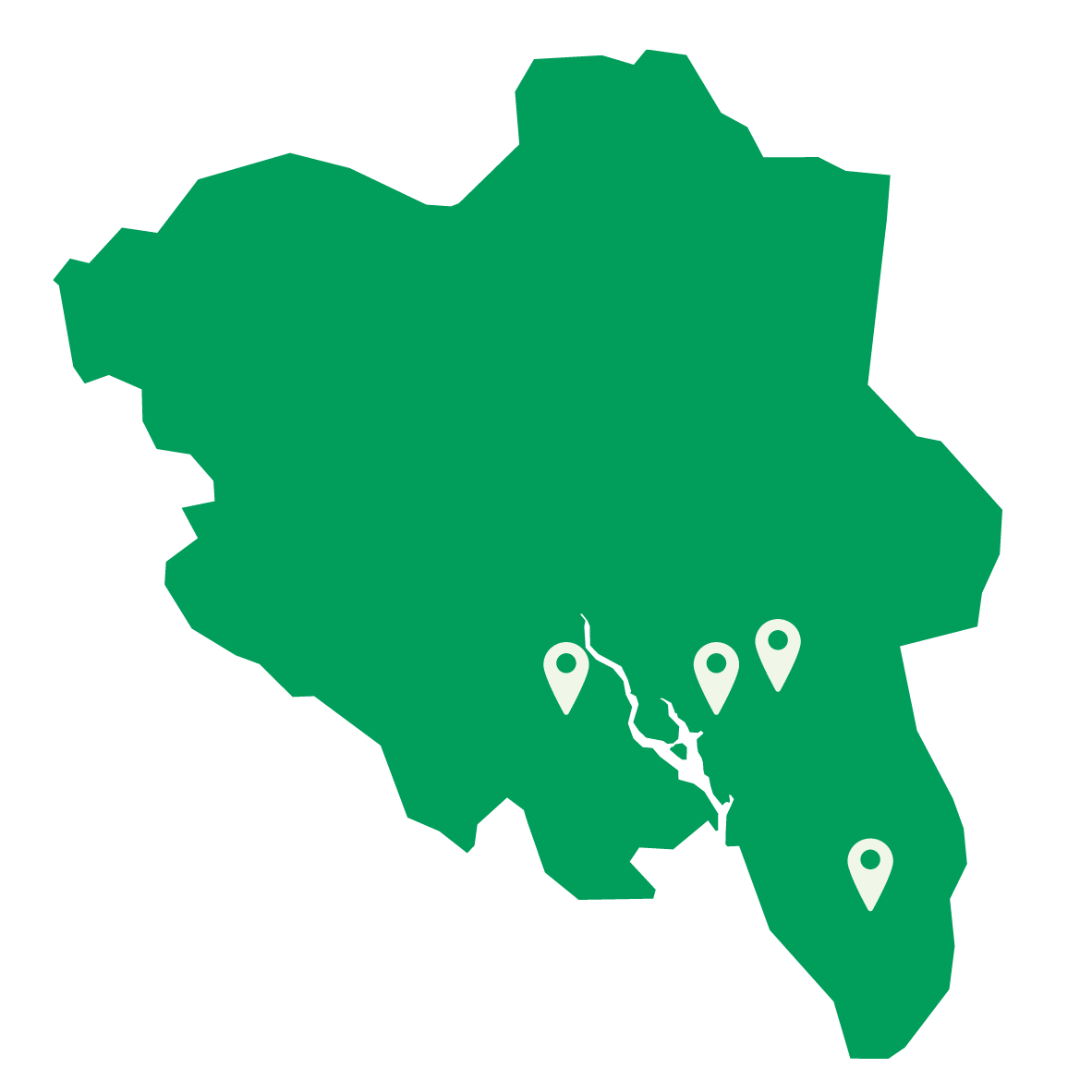 Grønt kart over Innlandet med syv lyse plassmarkører som viser industri-huber.