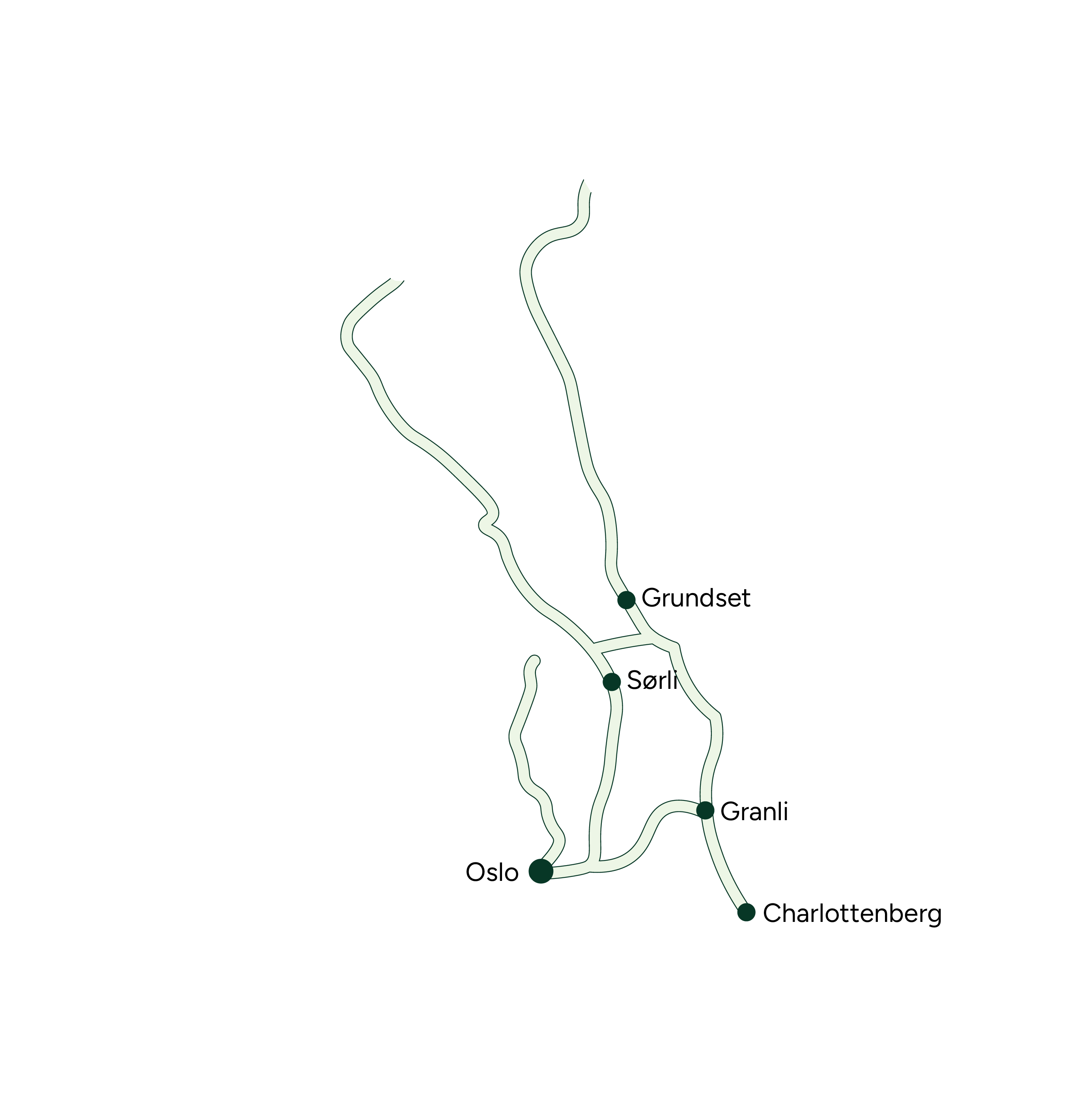 Kart med veiforbindelser mellom Oslo, Charlottenberg, Granli, Sørli og Grundset, vist med grønne linjer og punkter for stedene.