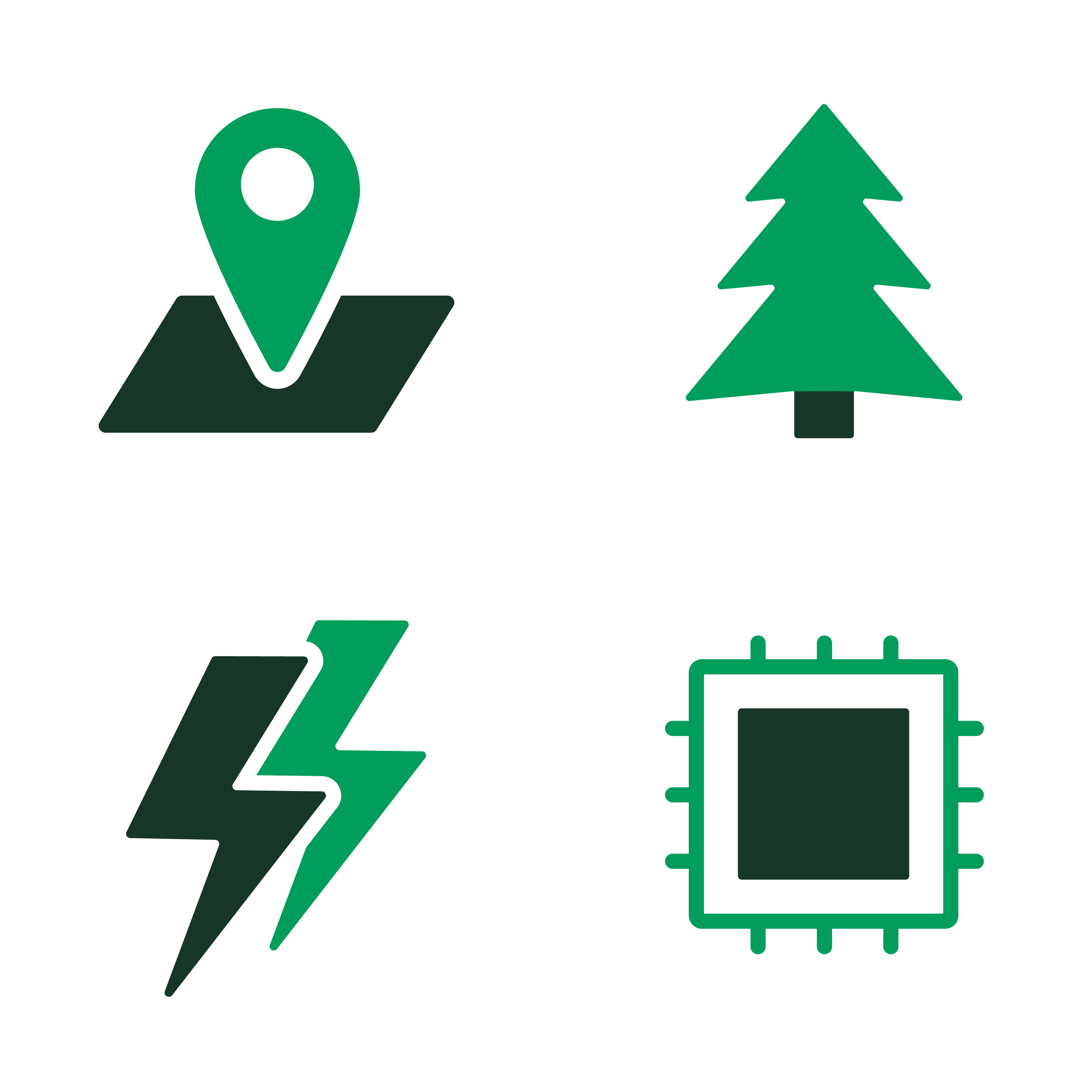 En grønn plassmarkør på et svart kart, et grønt grantre, to lynsymboler i grønt og svart, samt en grønn databrikke med en svart firkant i midten.