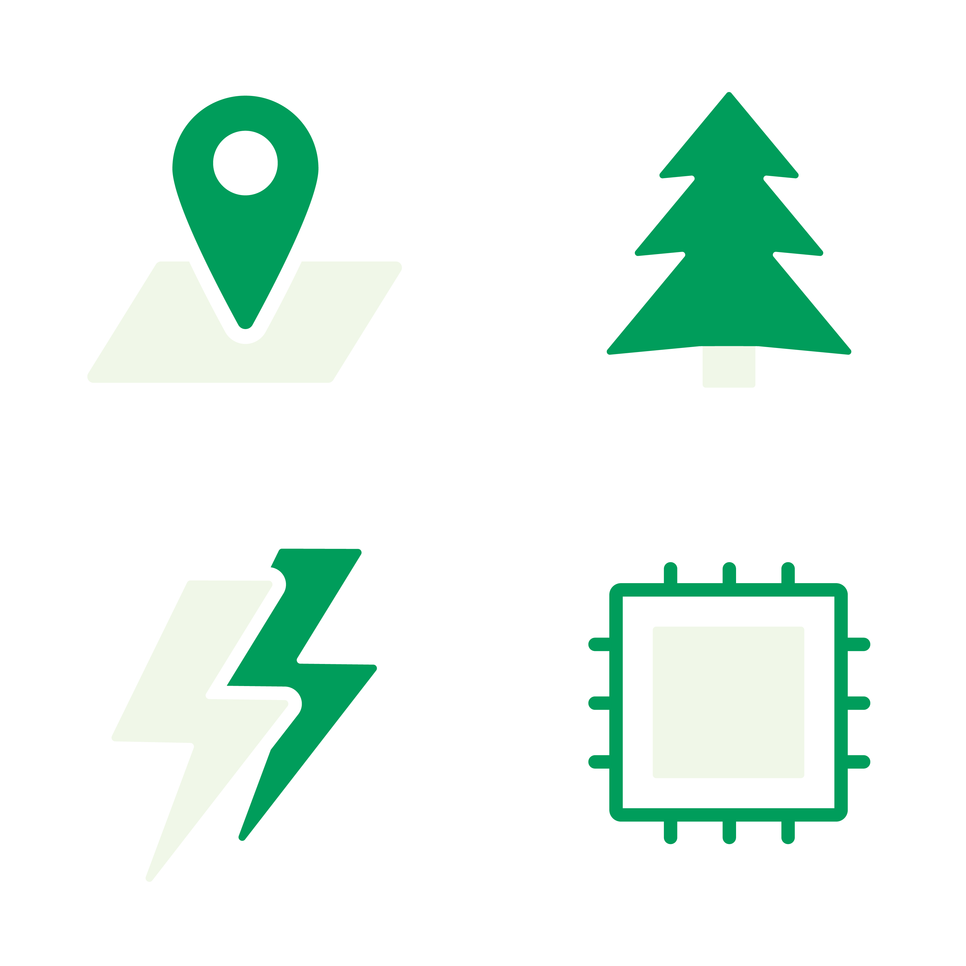 En grønn plassmarkør på et svart kart, et grønt grantre, to lynsymboler i grønt og svart, samt en grønn databrikke med en svart firkant i midten.