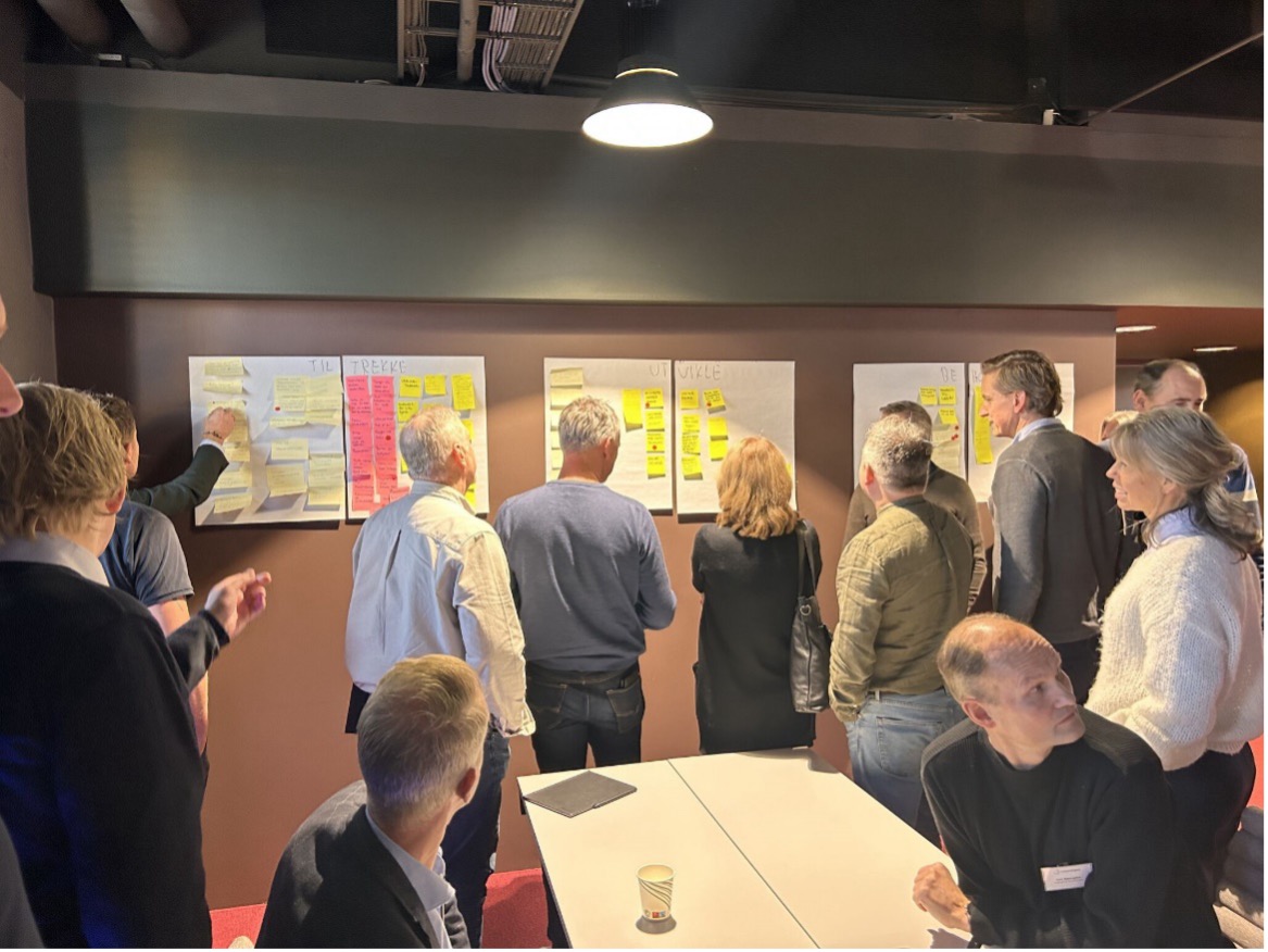 Gruppe mennesker som deltar i en workshop og diskuterer ideer, med fargerike post-it-lapper festet på veggen under ulike kategorier.