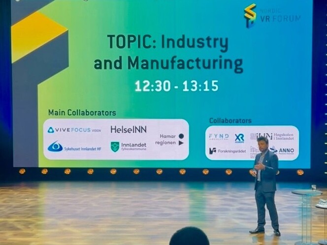 Presentasjon om Industry and Manufacturing på Nordic VR Forum, med hoved- og samarbeidspartnere på skjermen.