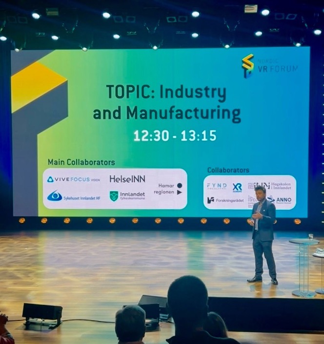 Presentasjon om Industry and Manufacturing på Nordic VR Forum, med hoved- og samarbeidspartnere på skjermen.